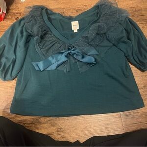Maeve Teal Blouse with Ruffle and Bow
